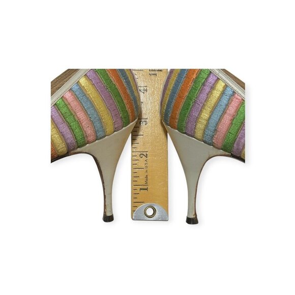 Vintage 1950s David Evins Rainbow Striped Pumps 50s 60s Heels Size 7 AAAA Narrow - Picture 10 of 13